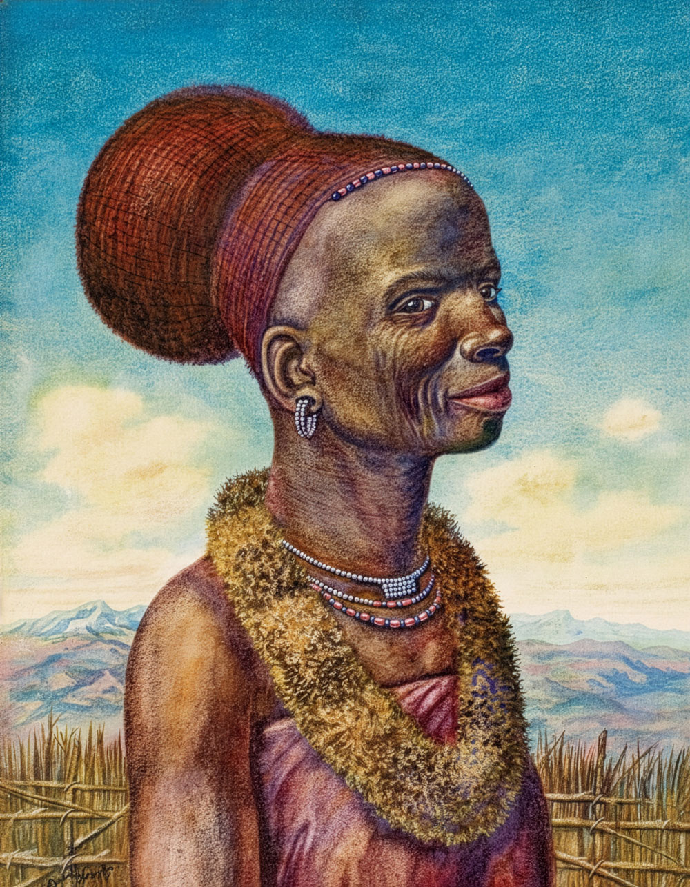 Gerard Bhengu – Portrait of a Bhaca woman in a traditional head dress late 1920s.