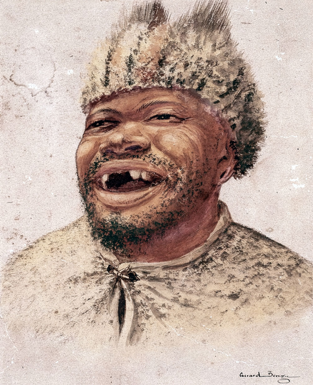 Gerard Bhengu – Portrait of a gap-toothed Zulu man with fur cap and ear plugs