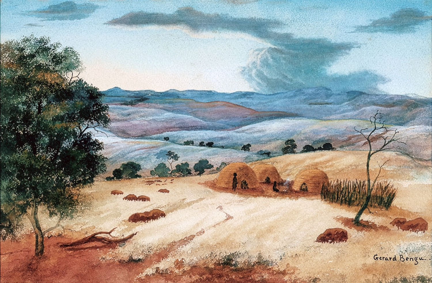 Gerard Bhengu – Landscape with Zulu huts and figures