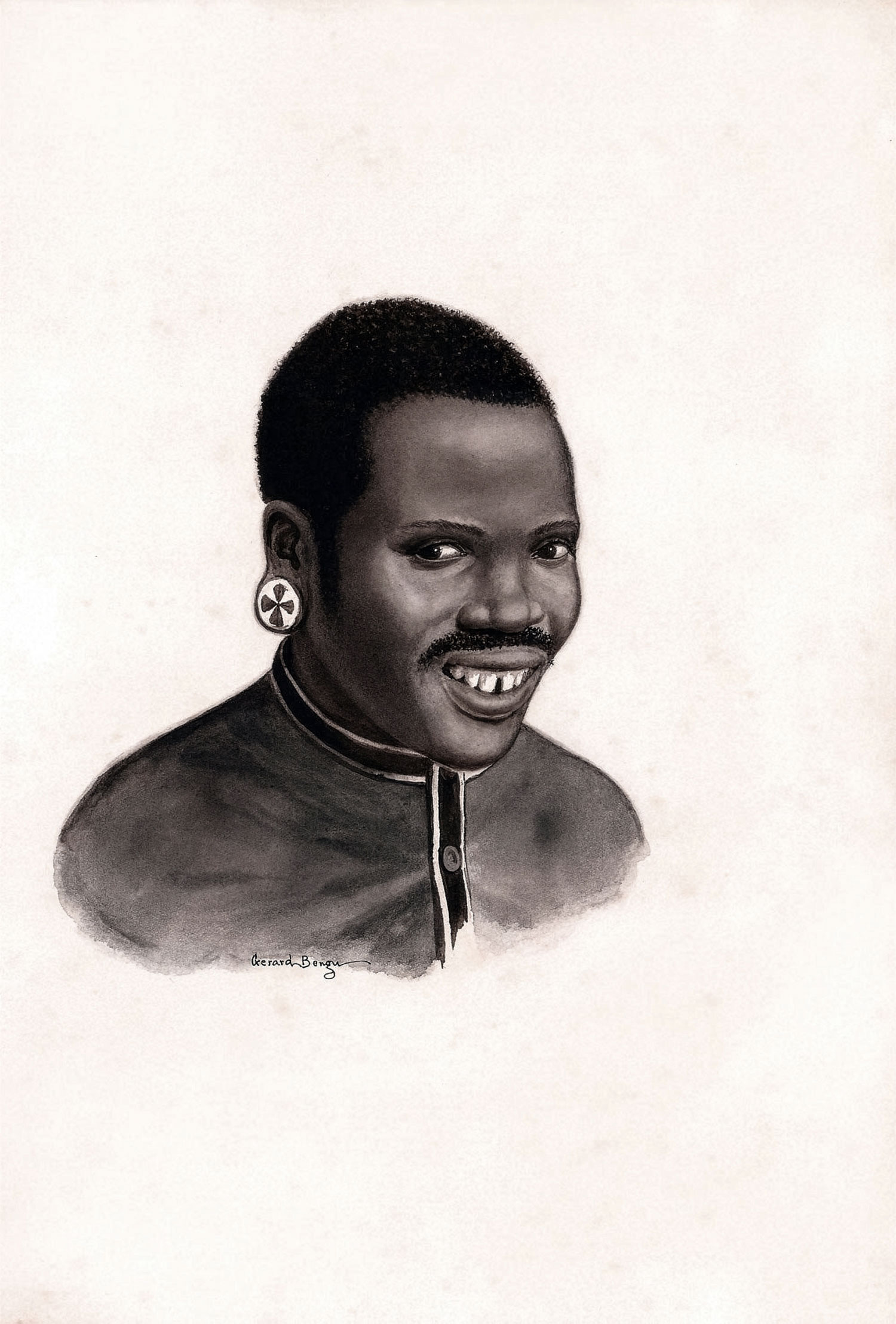 Gerard Bhengu – Portrait of a young man with moustache and sideburns, wearing circular cross design painted earplugs
