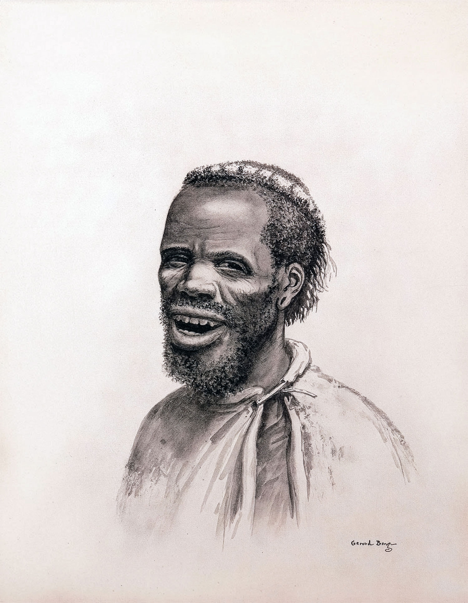 Gerard Bhengu – Portrait of a smiling Zulu man with kaross