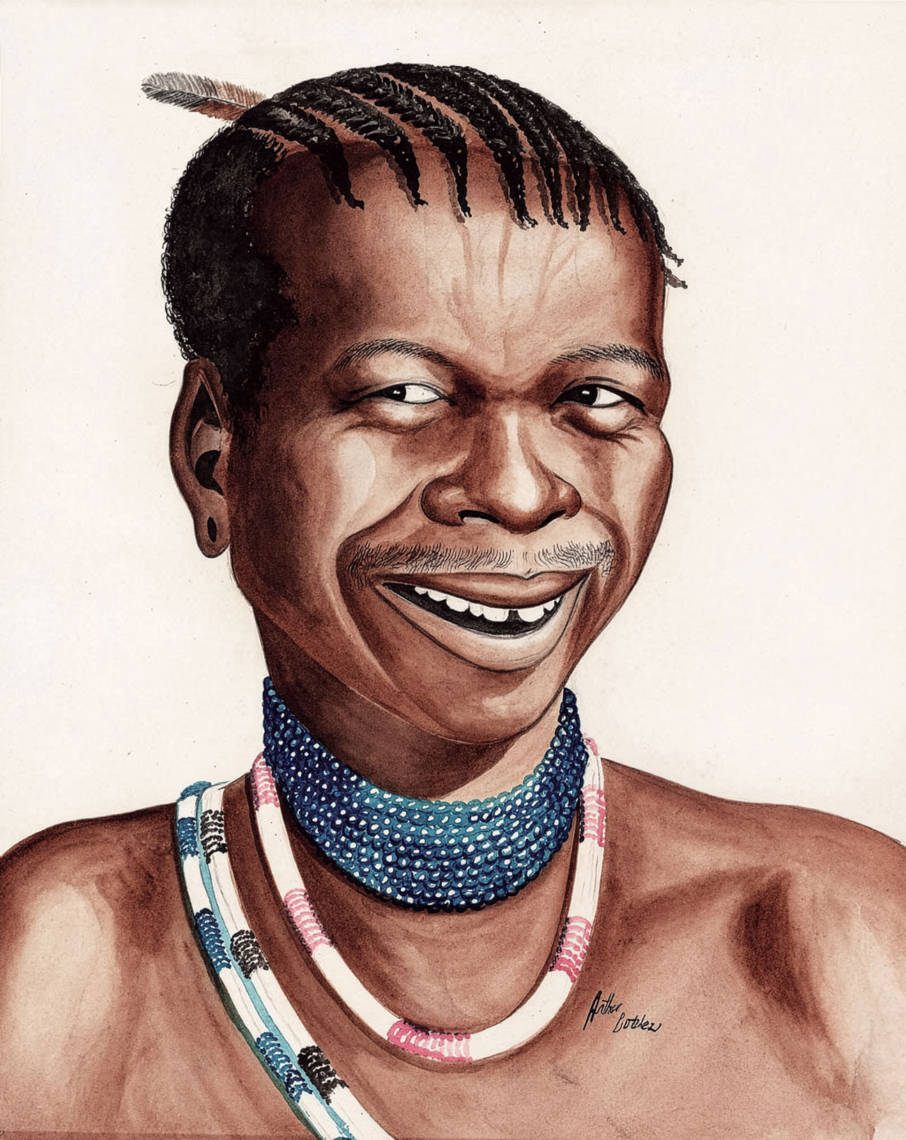 Arthur Butelezi – Portrait of a smiling young man wearing multicoloured bead necklaces and a feather in his hair