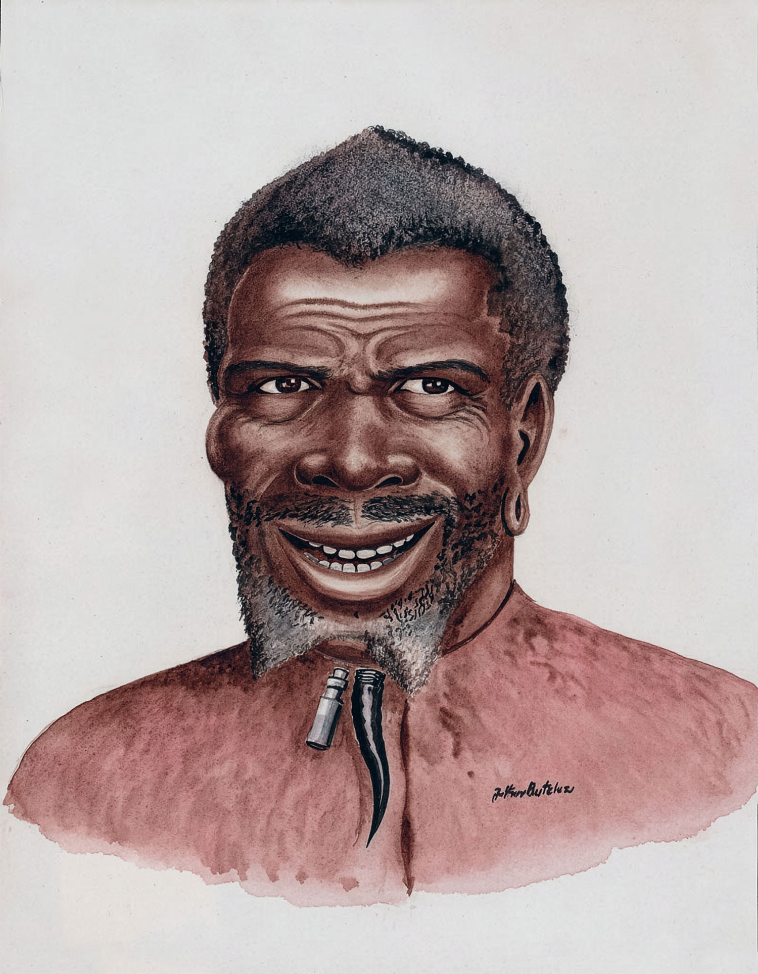 Arthur Butelezi – Portrait of a smiling man wearing a thonged necklace holding a small bottle and a duiker horn snuff container