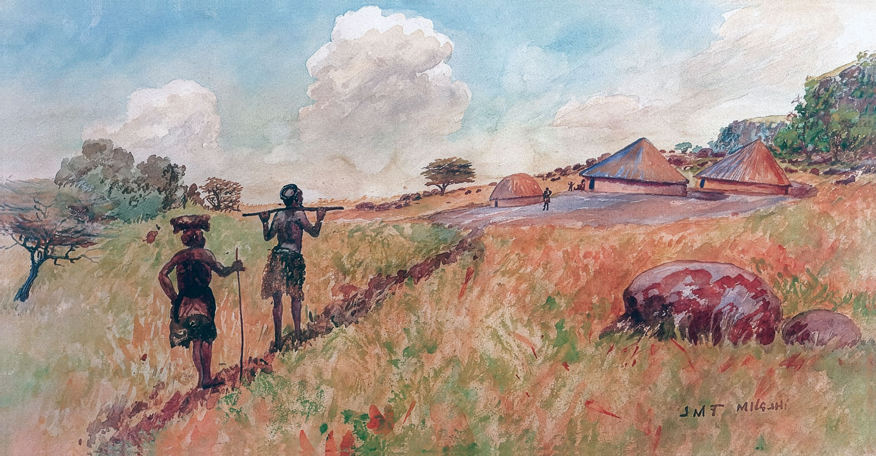 Simon Mnguni – Landscape with huts and figures