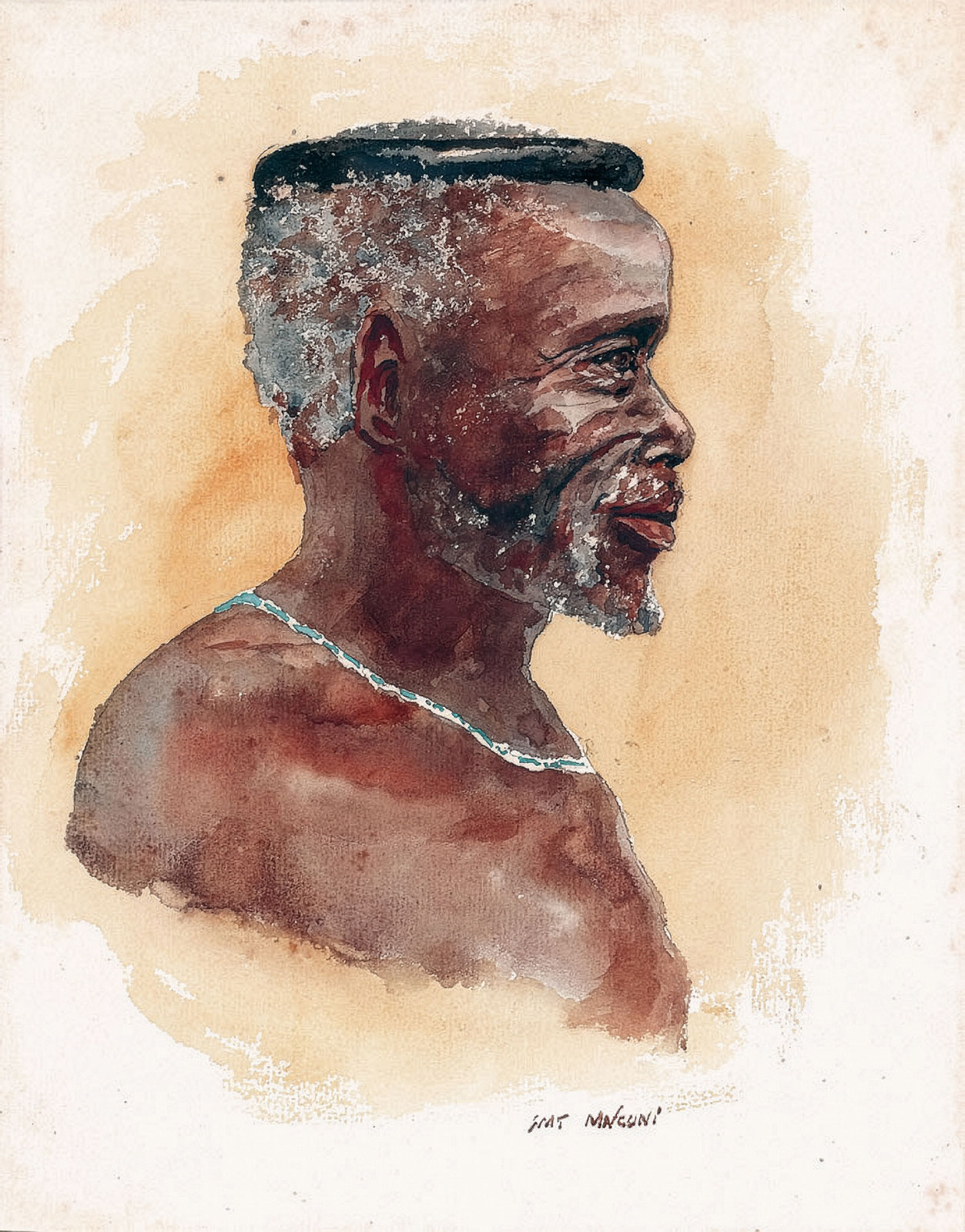 Simon Mnguni – Portrait profile of old man with headring and necklace