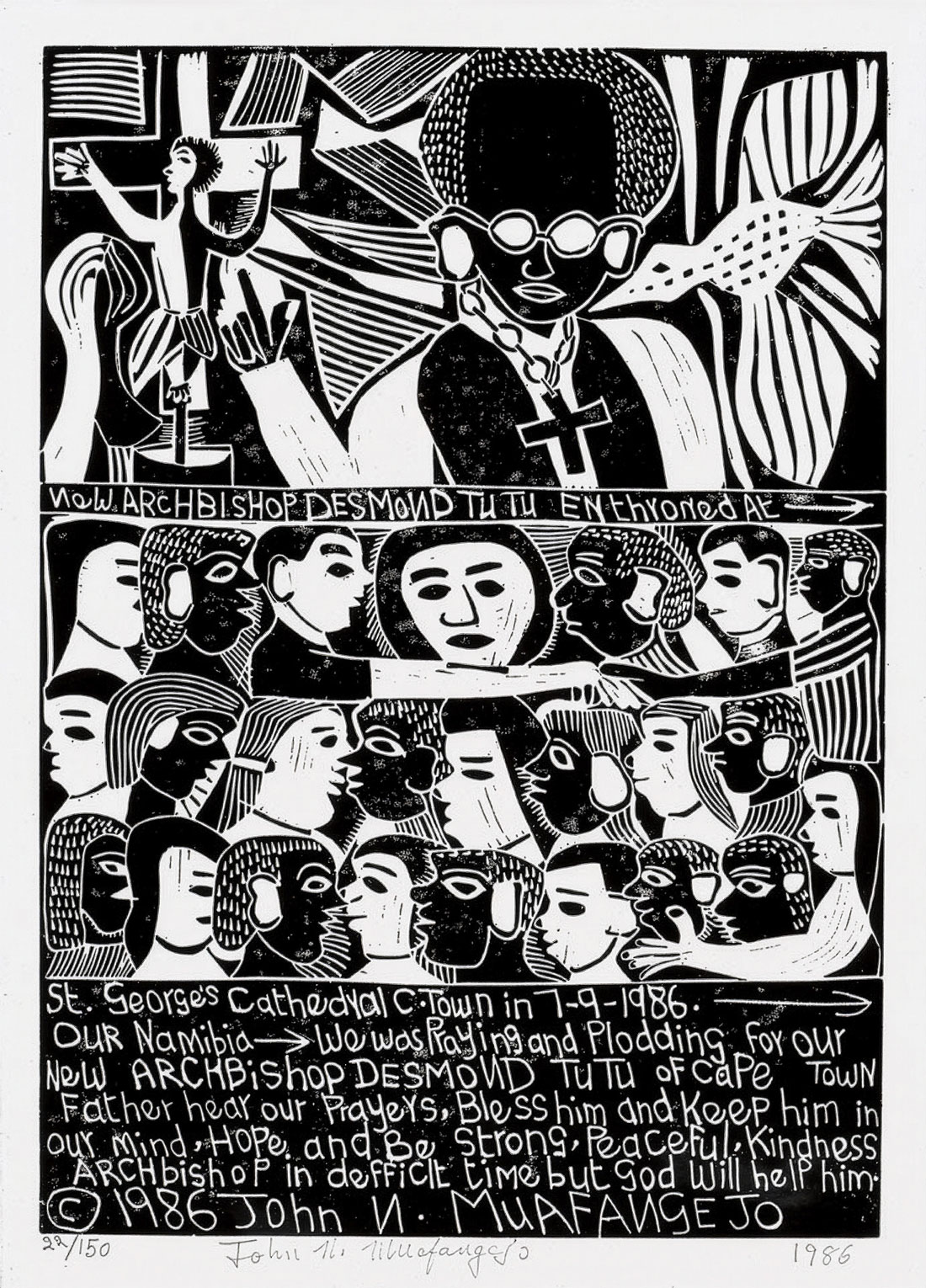 John Muafangejo – New Archbishop Desmond Tutu enthroned (1986)
