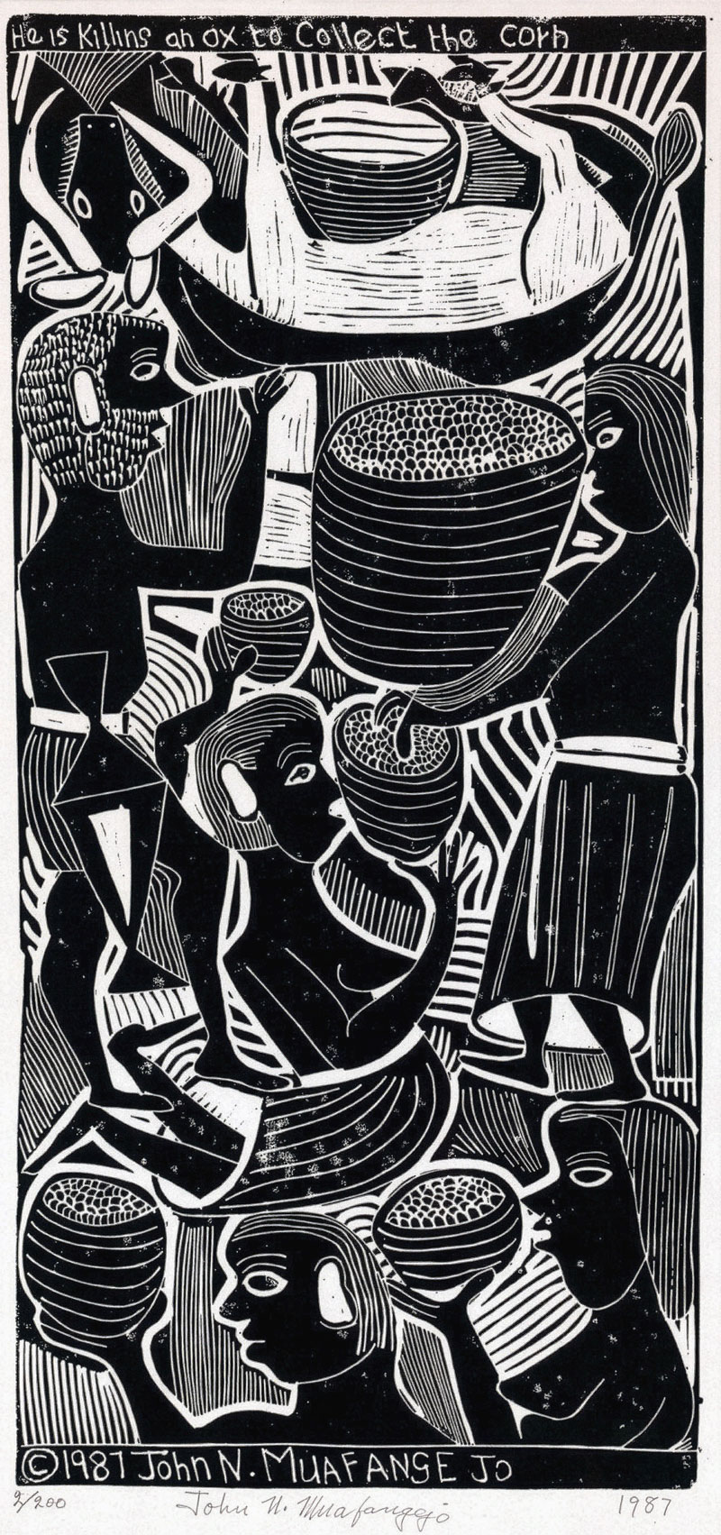 John Muafangejo – He is killing an ox to collect the corn (1987)