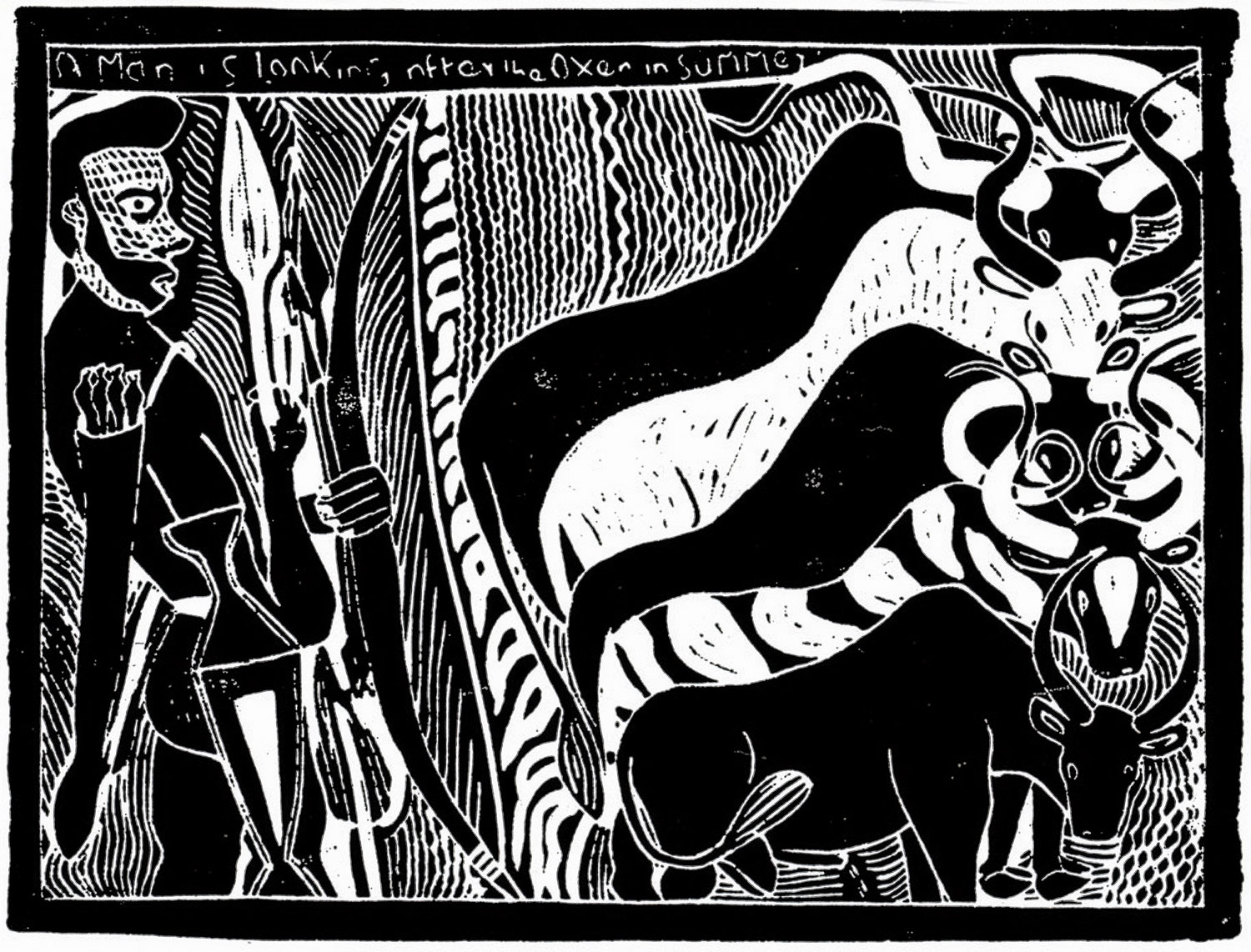 John Muafangejo – A man is looking after his oxen in summer (1972)