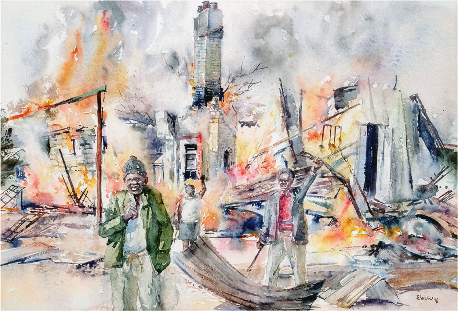 Durant Sihlali – Pimville rent offices on fire, riots (Soweto, 1976)